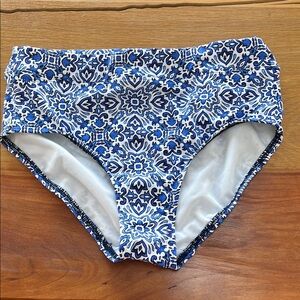 New Lands' End Women's Mid Waisted Bikini  Blue/White Patterned Swim Bottoms